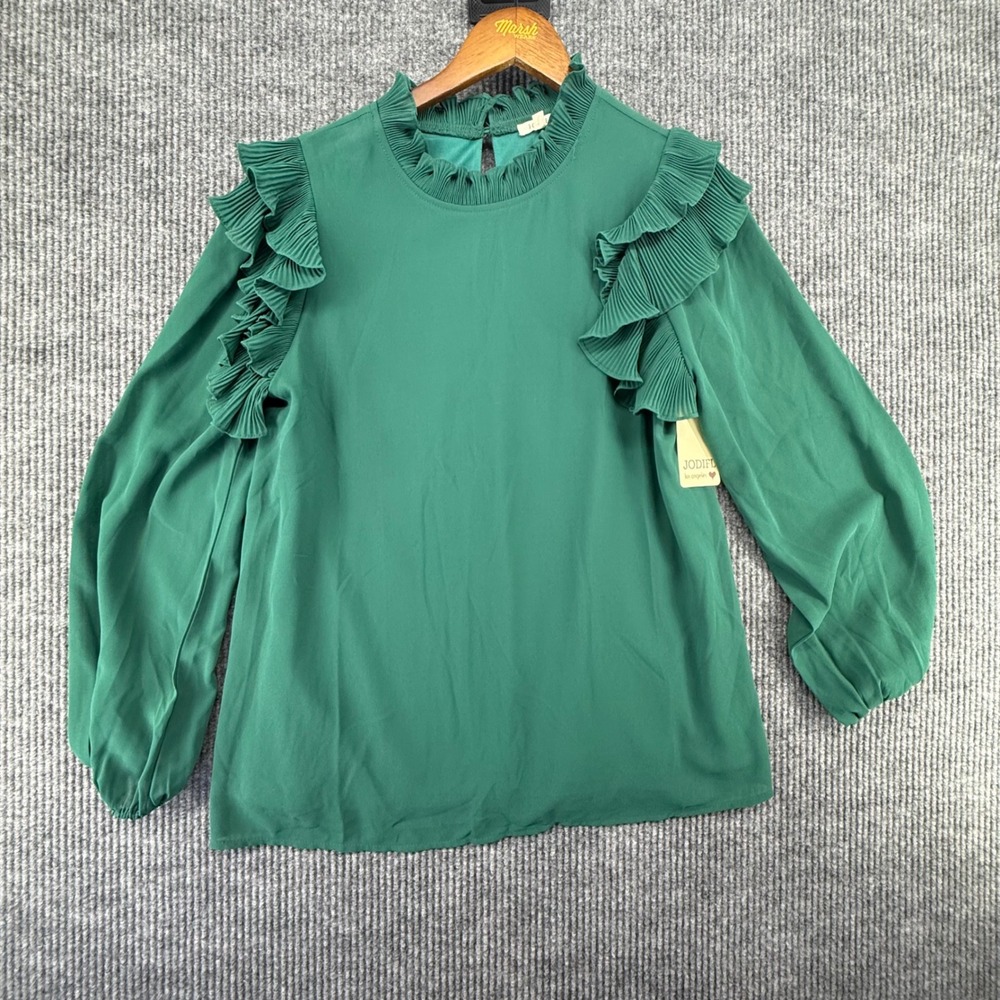 Jodifl Pleated Ruffle Blouse Womens Medium Green New Mock Neck Long Sleeve B8656